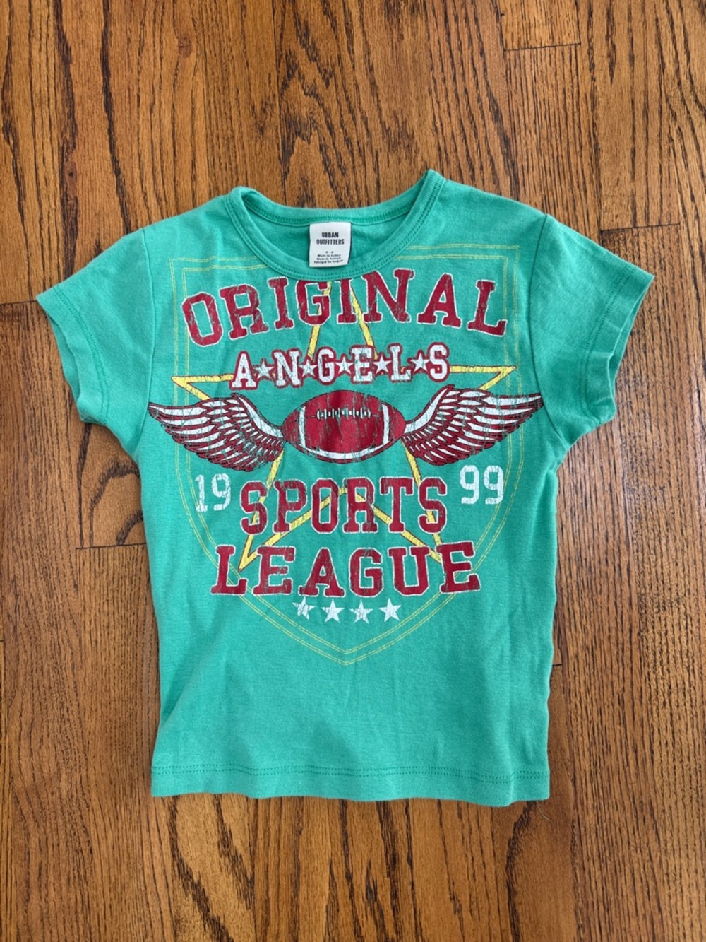 Urban Outfitters women’s baby tee- Kelly green with Red Graphic